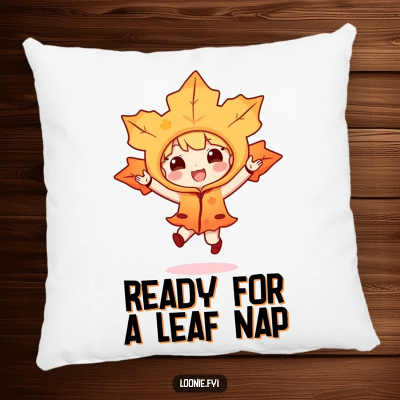 Funny accent pillow with a maple leaf character in a costume, doing a joyful hop, adding comfort and humor to decor.