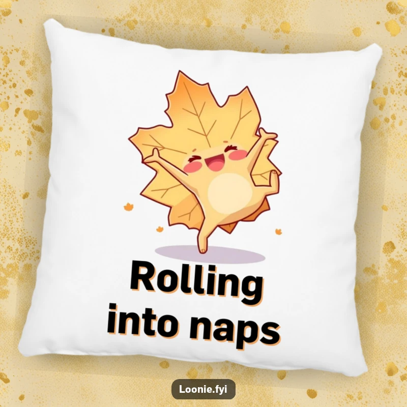 Funny throw pillow featuring a happy maple leaf doing a cheerful somersault, adding cozy autumn charm.