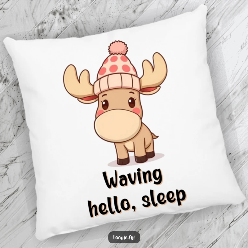 Funny pillow designed with a moose wearing a toque and waving, offering soft comfort and a humorous, friendly visual for any space.