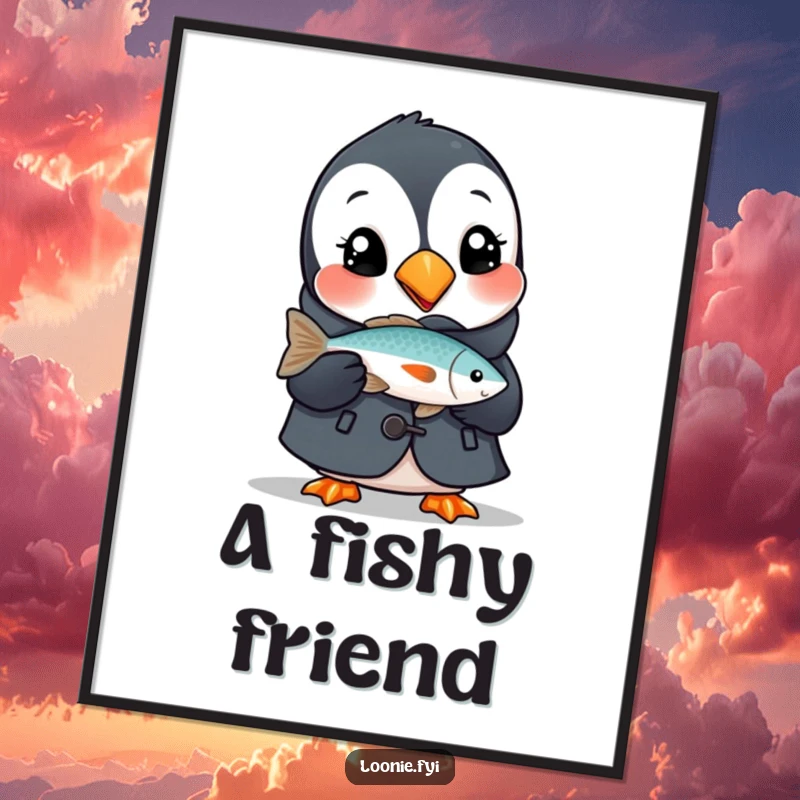 Funny digital art print of a delighted puffin in a tiny coat, holding a fish, bringing instant coastal charm and humor to any space.
