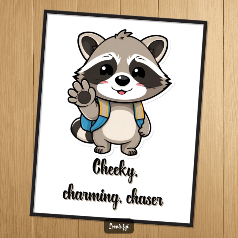Funny digital art print of a cheerful raccoon with a backpack, winking with its paw, perfect for playful and humorous wall decor.
