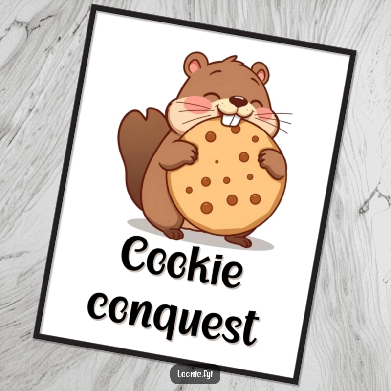 Funny digital art print of a beaver comically struggling to munch on a huge maple cookie, a hilarious wall decoration downloadable.