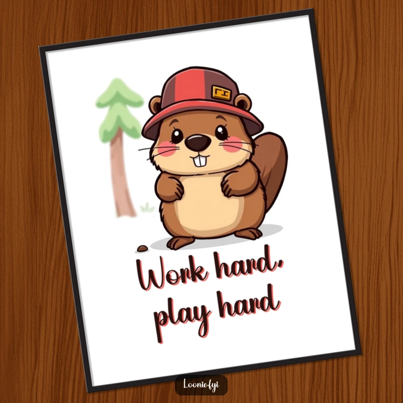 Funny digital art print of a beaver in a lumberjack hat, actively chopping wood, ready to be printed and framed for humorous decor.