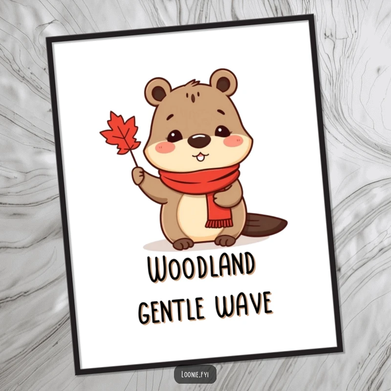Funny Digital Art Print: A cute beaver in a red scarf waves a maple leaf, perfect for Canadian-themed decor.