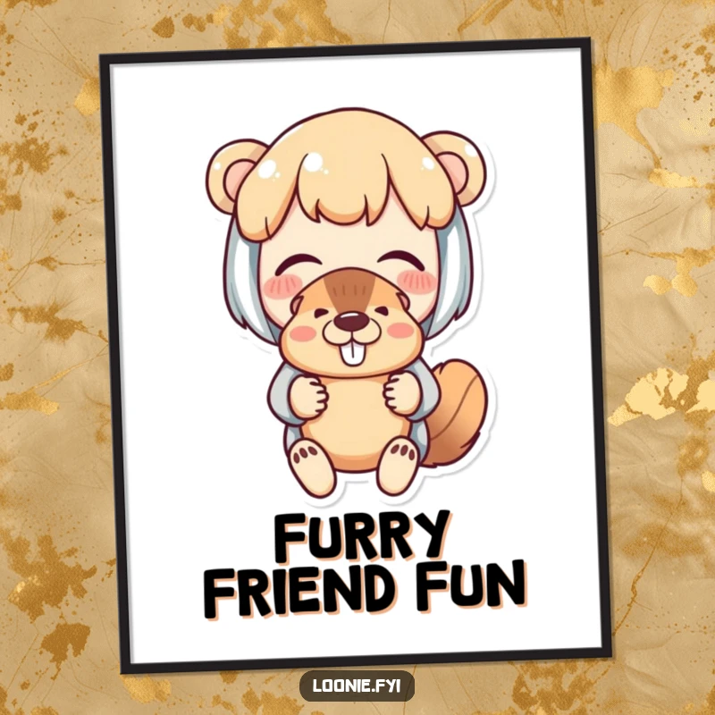 Funny digital art print of a delighted character holding a beaver puppet with fond amusement, charming and humorous.