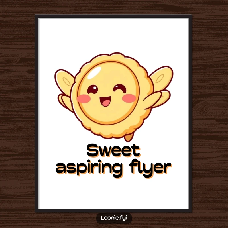Funny butter tart character with cookie wings, attempting to fly, a whimsical digital art print for instant charm.