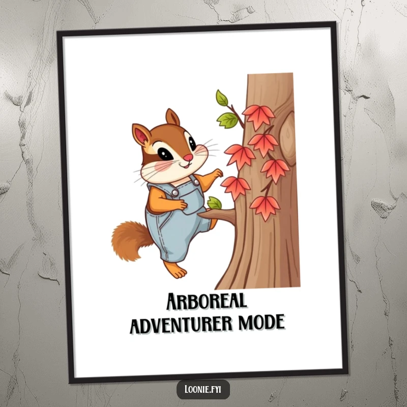 Funny digital art print of a curious chipmunk in overalls, climbing a small maple tree, perfect for natural and humorous wall decor.