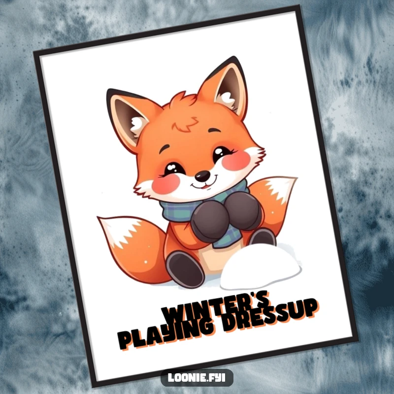 Funny red fox artwork with mittens playing in snow, perfect for digital download and bringing instant winter cheer.