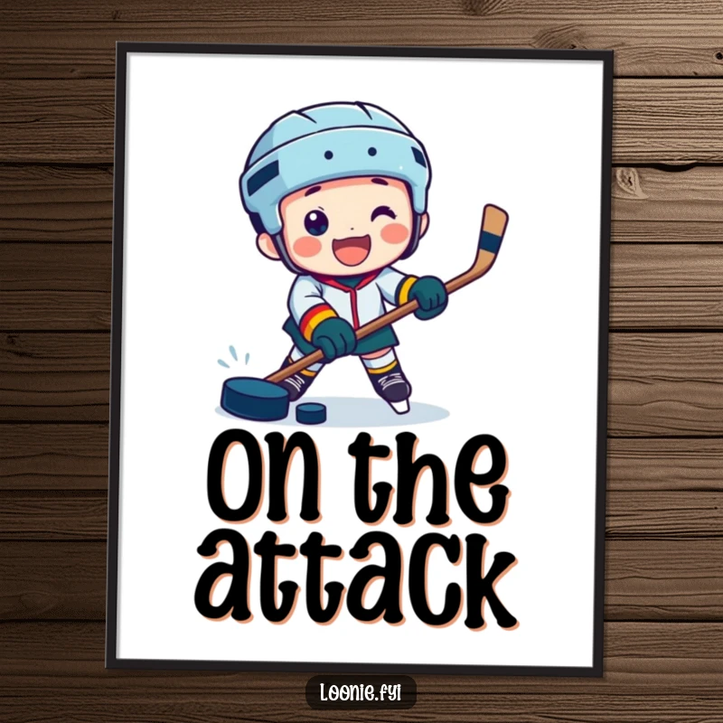 Funny digital art print of a jubilant character playing hockey with a puck, capturing dynamic game action.