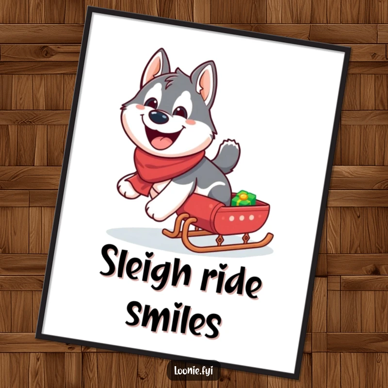 Funny Husky Digital Art: Giggling husky pulling a miniature sleigh with a wide grin, printable graphic.