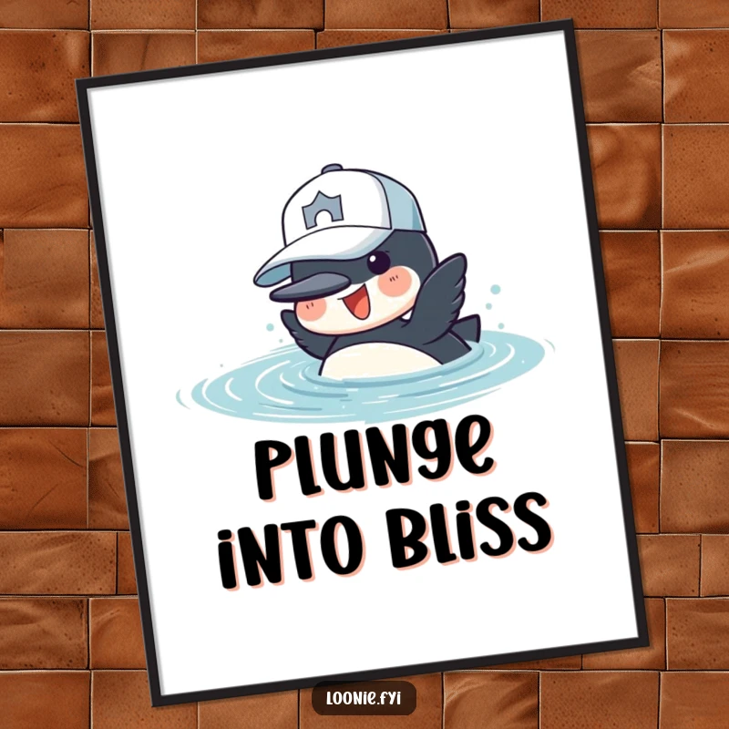 Funny Digital Art Print: A cheerful loon wearing a baseball cap dives into water, exuding playful aquatic energy.