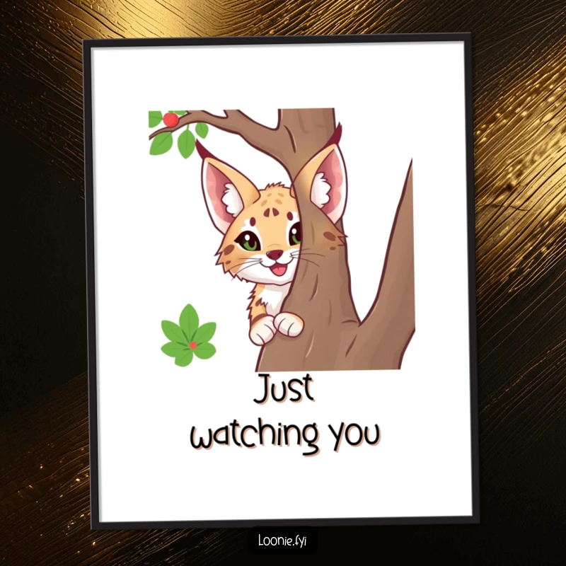 Funny digital art print of a happy lynx with large ears, peeking from behind a tree, bringing instant woodland charm and curiosity.
