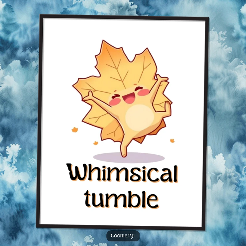 Funny digital art print of a happy maple leaf doing a cheerful somersault, instantly bringing playful autumn vibes.