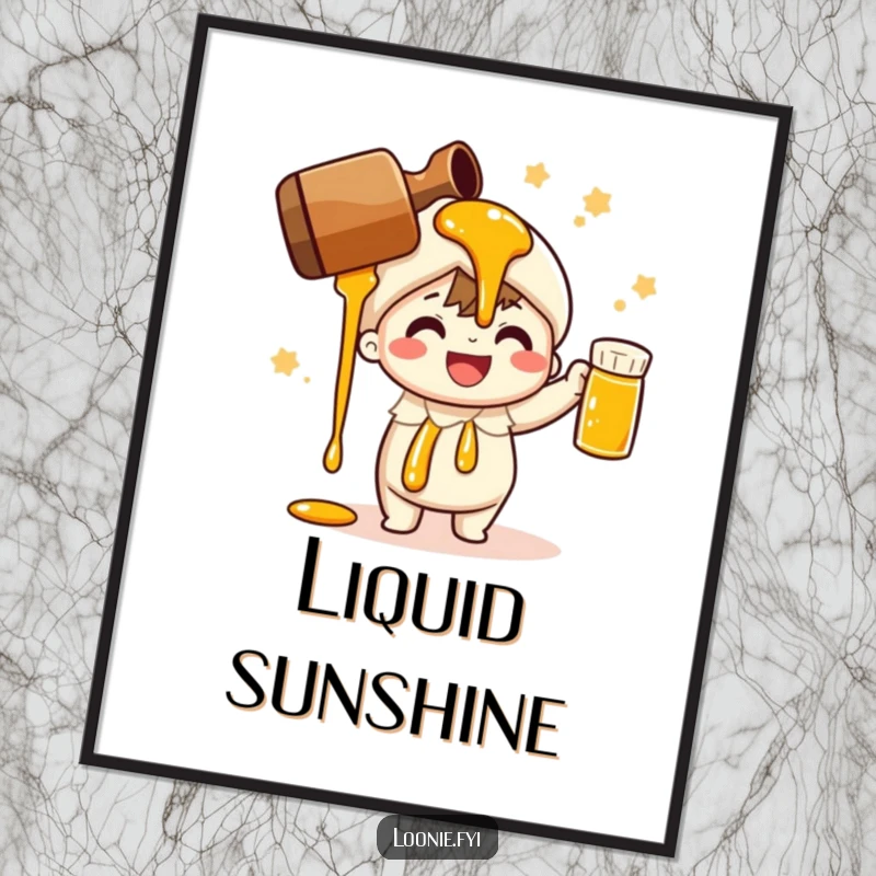 Funny digital art print of a cheerful character pouring maple syrup; vibrant and humorous breakfast art.