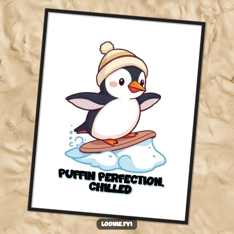 Funny digital art print of a tiny puffin wearing a miniature toque, trying to surf on a frozen wave.