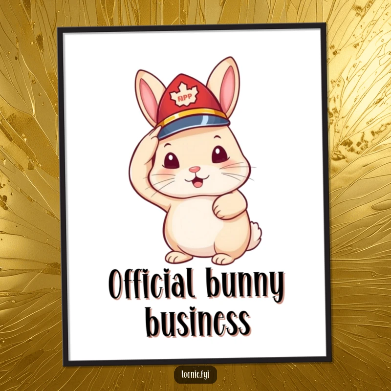 Funny digital art print of a rabbit in a miniature RCMP hat saluting, a charming and humorous printable wall decoration.