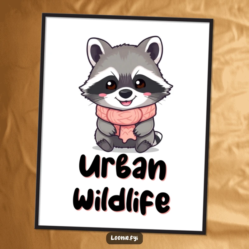 Funny Raccoon Digital Art Print: A grinning raccoon in a knitted scarf, captured in a high-resolution image for instant humorous decor.