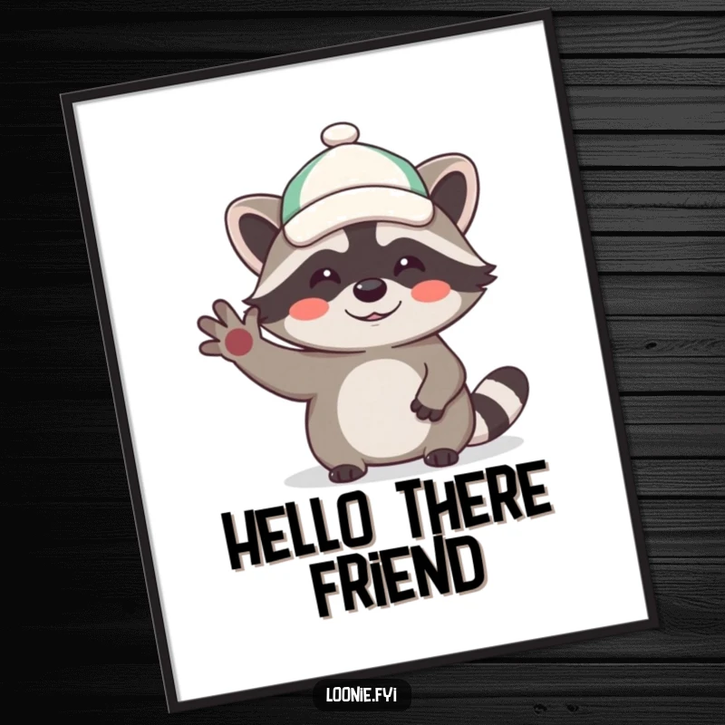 Funny raccoon digital art print of a laughing character in a small cap waving hello, offering instant, humorous wall decor.