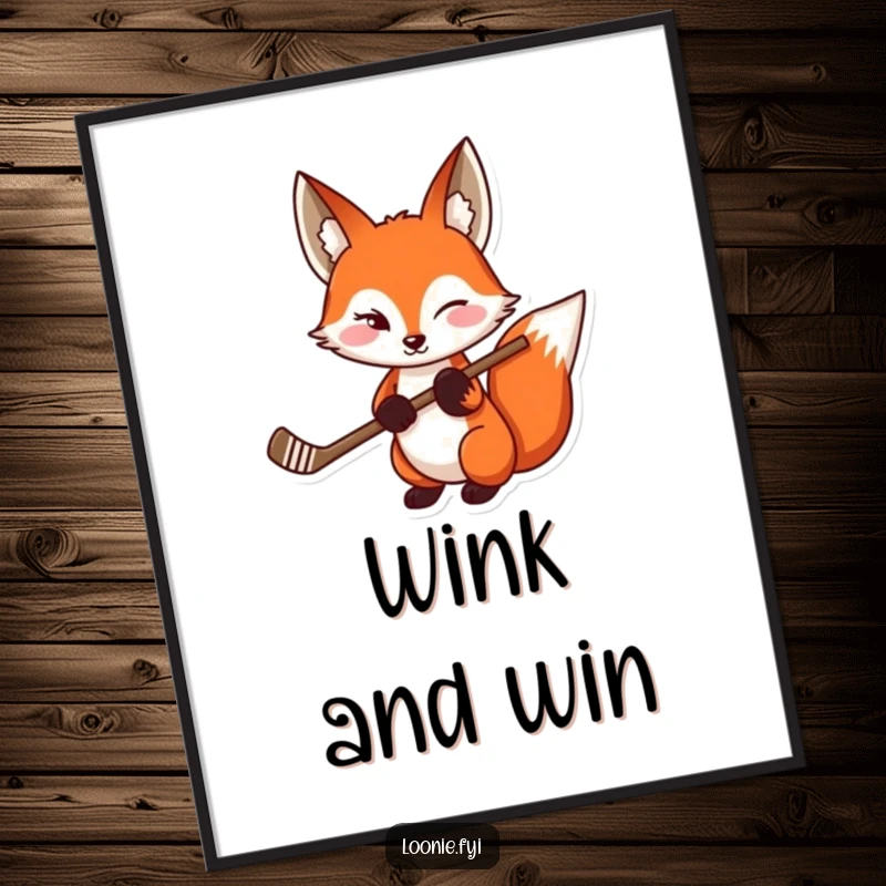 Funny Red Fox Hockey Digital Art Print: A winking red fox holding a hockey stick, ideal for an instant funny gift.