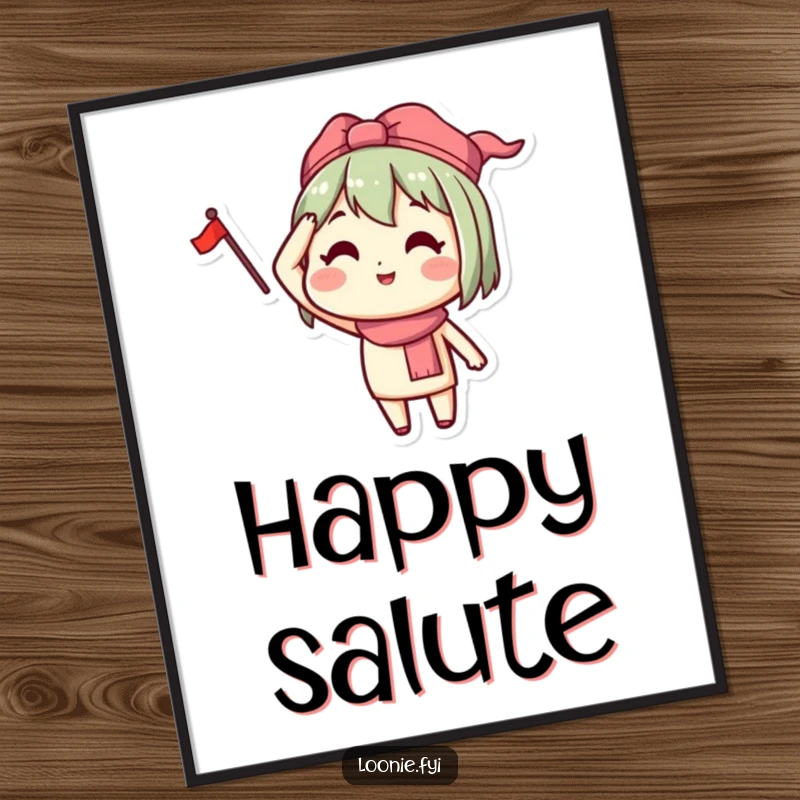 Funny digital art print of a happy character saluting with a small flag, ready for instant download and display.