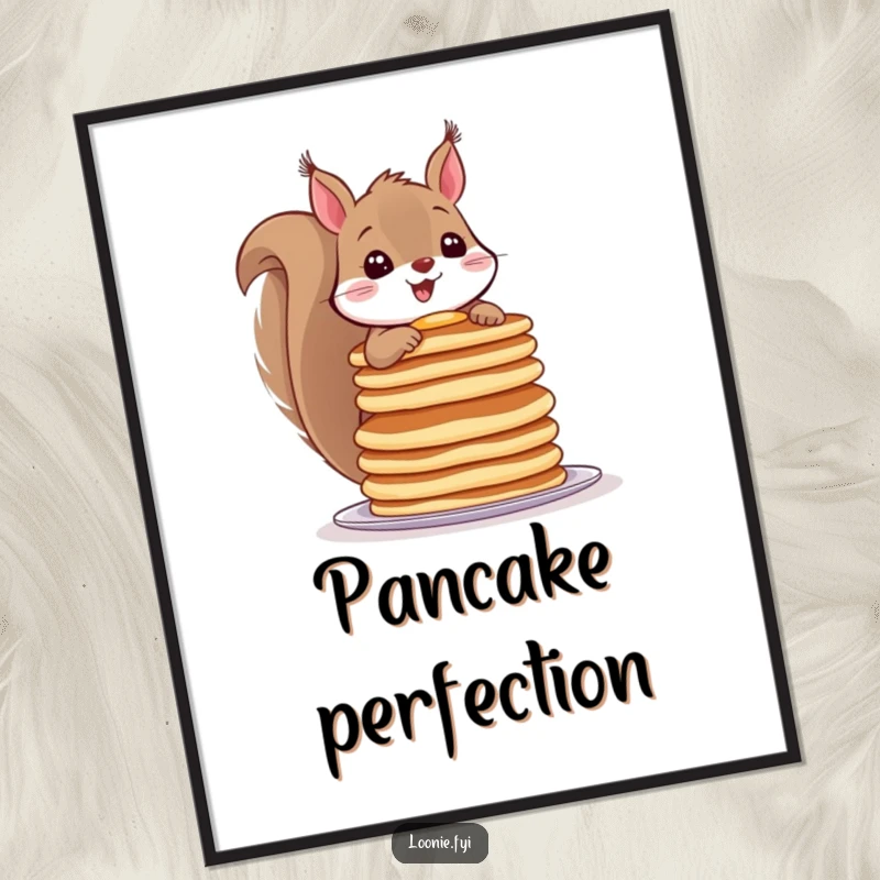 Funny digital art print of a cheerful squirrel balancing a huge stack of pancakes, a humorous and delightful printable artwork.