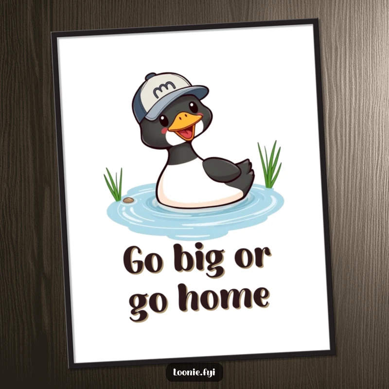 Funny digital art print of a playful loon wearing a baseball cap, diving into a small lake, a charming and humorous illustration for instant download.