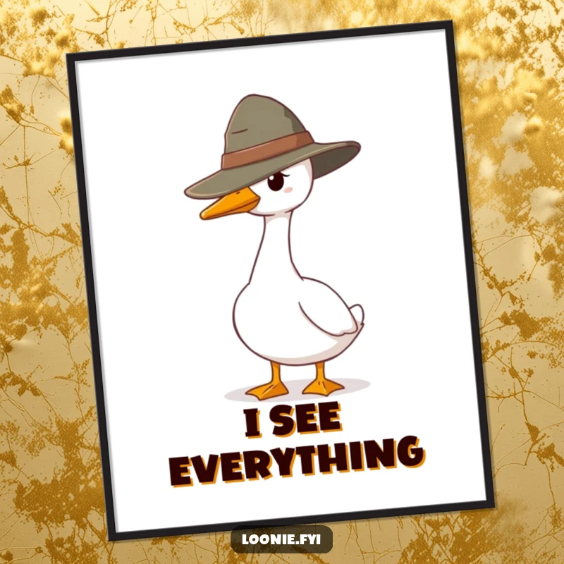 Funny digital art print of a goose wearing a ranger hat, standing guard, ready for instant download and framing, adding humorous vigilance.