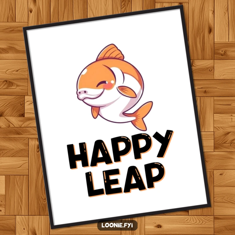 Funny digital art print of a salmon leaping with a determined, joyful expression, symbolizing perseverance.