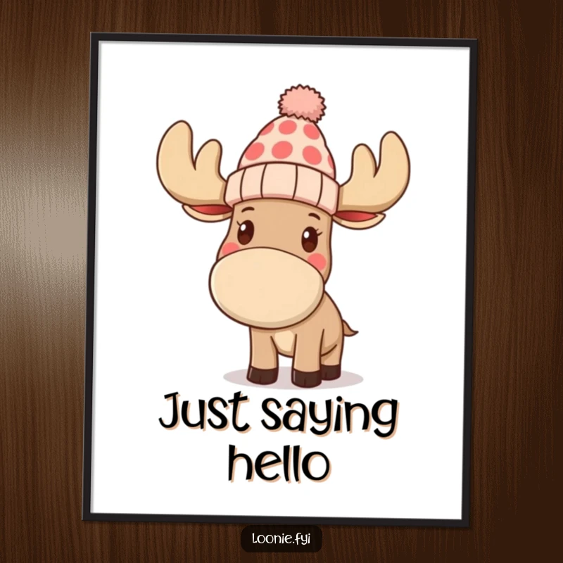 Funny digital art print of a moose wearing a toque and waving, ready for instant download and framing, adding a humorous and friendly vibe.