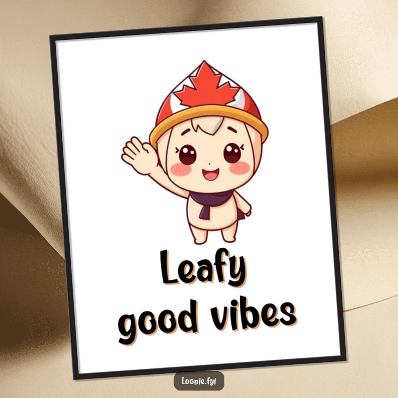 Funny Digital Art Print: Cheerful character in a maple leaf hat gives a happy wave, embodying warmth. Instant downloadable funny gift.