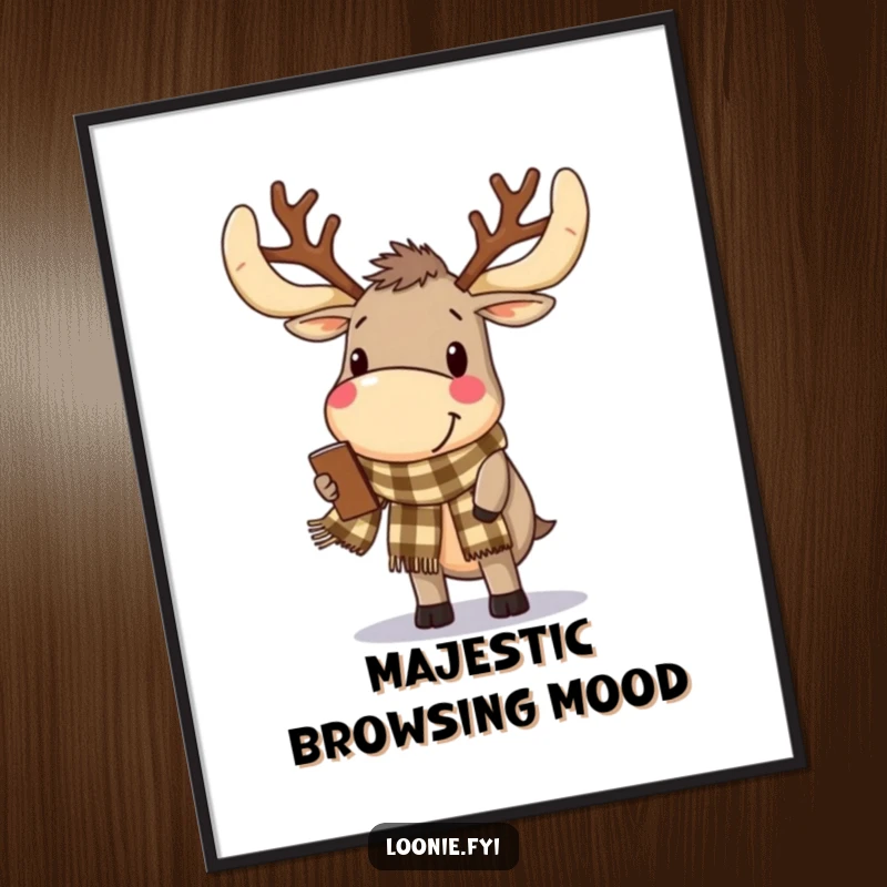Funny Digital Art Print: A delighted moose with antlers, wearing a checkered scarf, is happily browsing, bringing rustic charm.