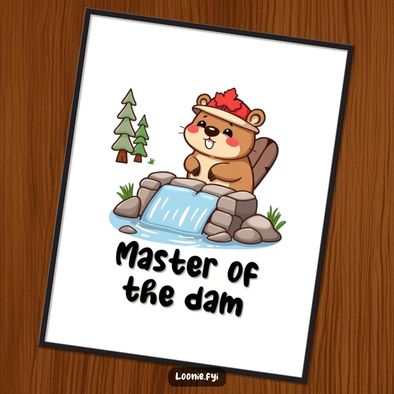 Funny Digital Art Print: A happy beaver wearing a tiny maple leaf hat diligently builds a small dam, showcasing industriousness.