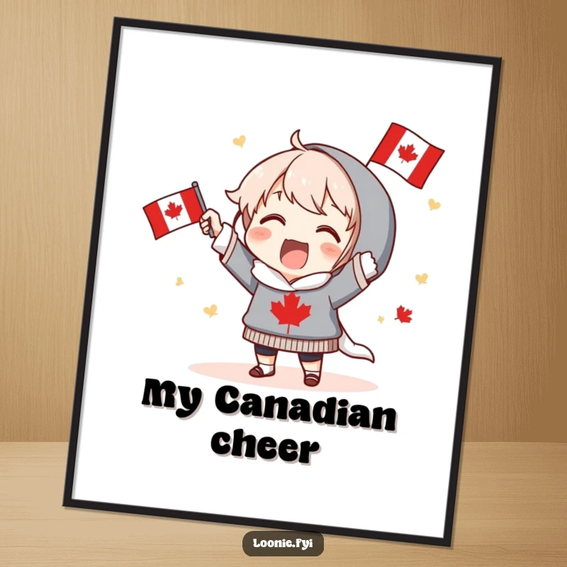 Funny Digital Art Print: Excited character proudly holds a Canadian flag and cheers, embodying patriotic spirit. Instant downloadable funny gift.