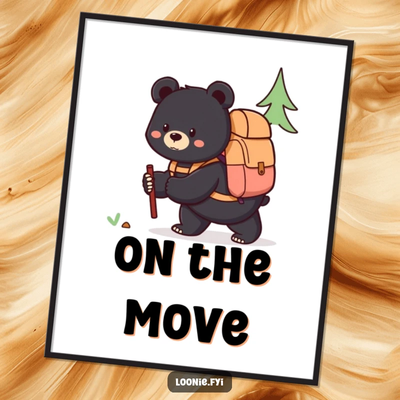 Funny digital art print of a content black bear with a backpack, exploring, bringing instant charm and adventurous spirit to any space.