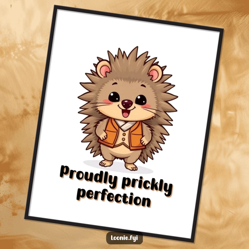 Funny digital art print of a delighted porcupine wearing a vest, standing proudly, ideal for humorous and stylish home or office decor.