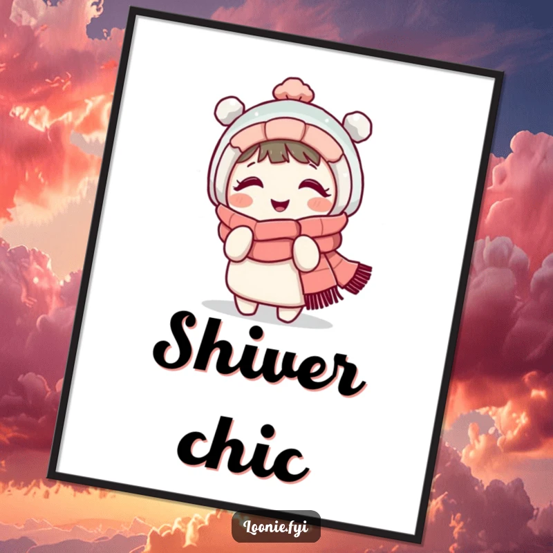 Funny digital art print of a giggling character in a cozy scarf, shivering playfully, ready for instant download and display.