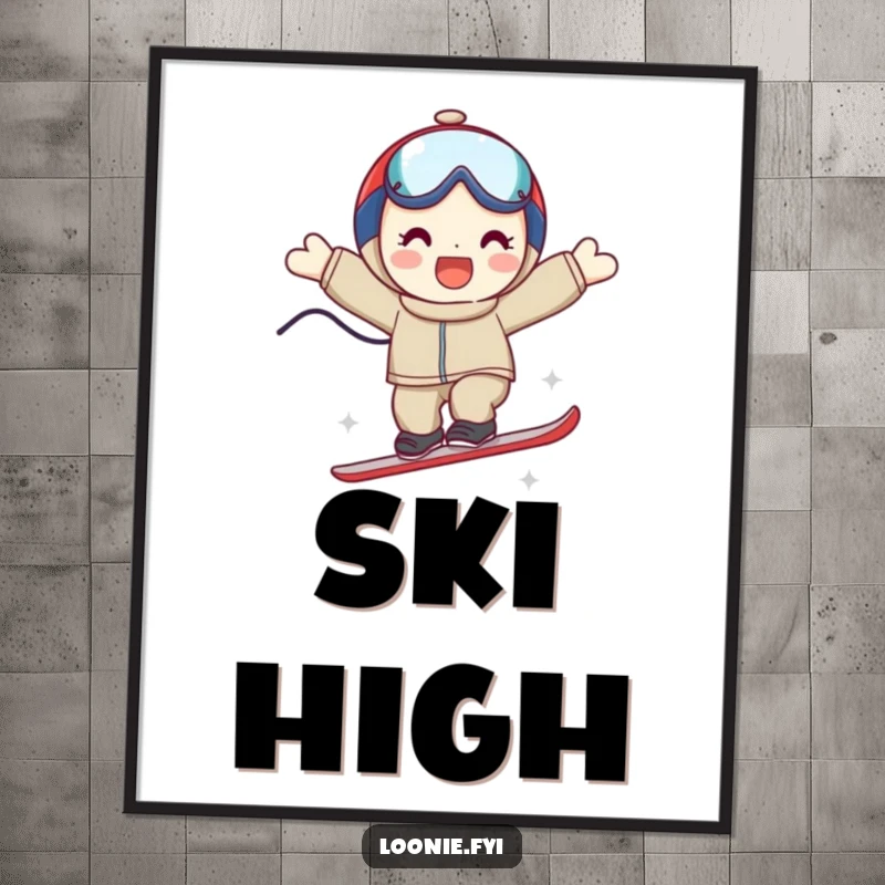 Funny digital art print of a smiling character mid-triumphant ski jump, ready for instant download and display.
