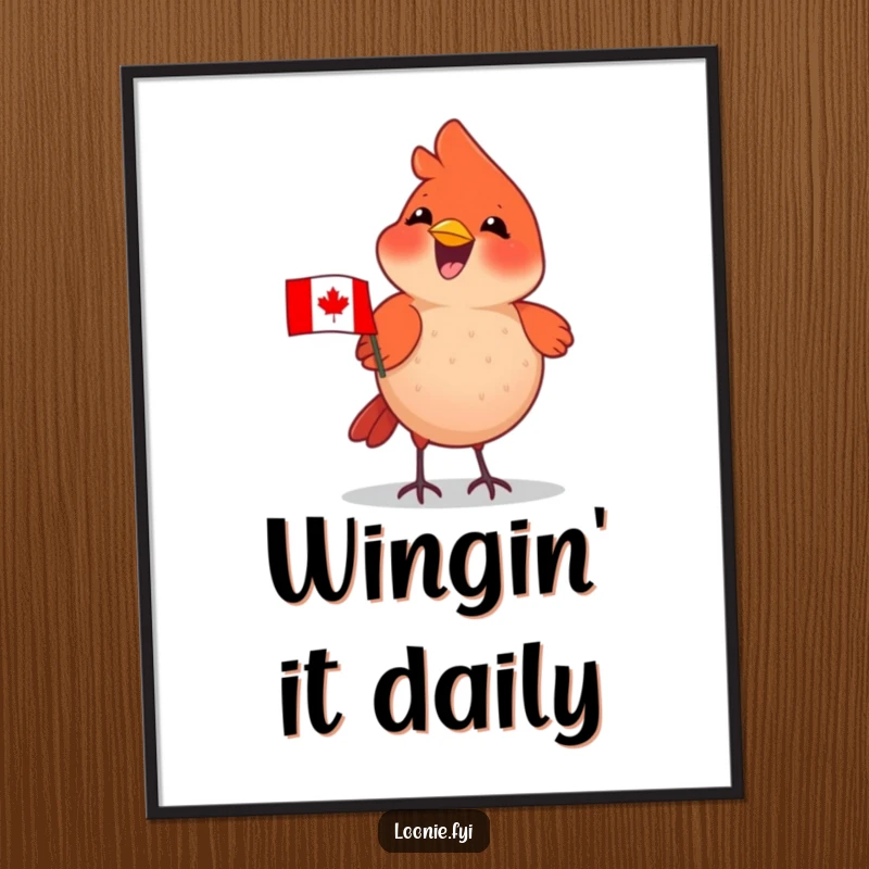 Funny Cardinal Digital Art: Delighted cardinal wearing a tiny Canadian flag, chirping happily, printable graphic.