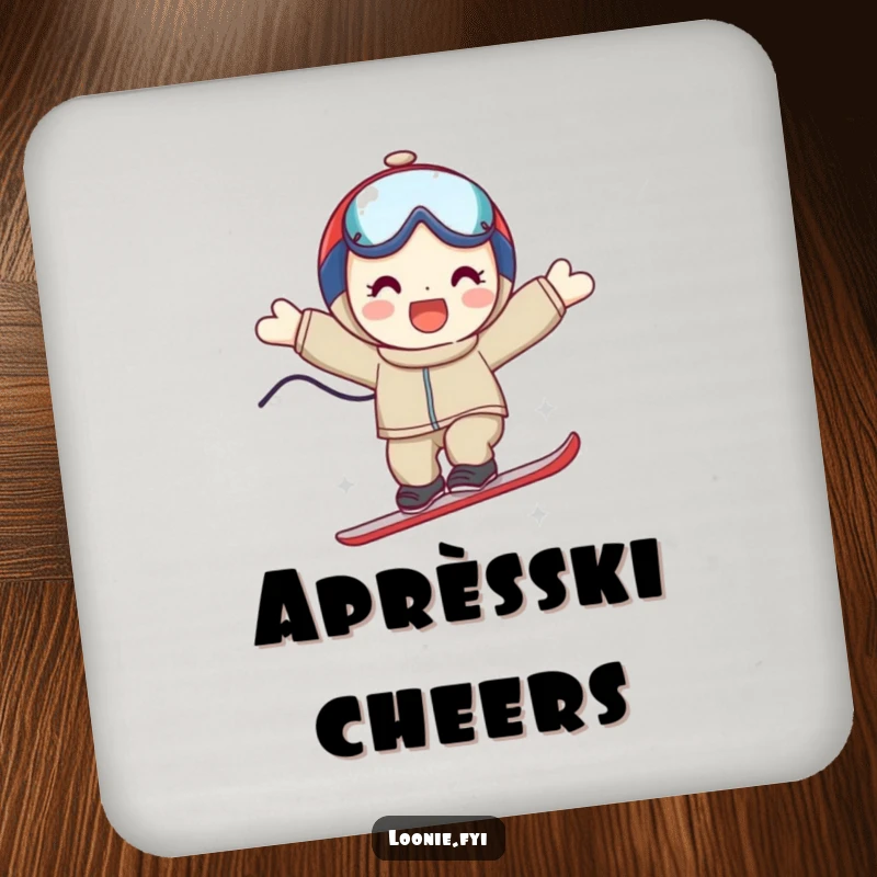 Funny drink coasters featuring a smiling character in a triumphant ski jump, protecting surfaces with humor and style.