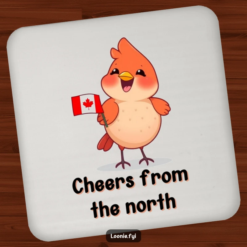 Funny Cardinal Coasters: Delighted cardinal wearing a tiny Canadian flag, chirping happily, protecting surfaces.