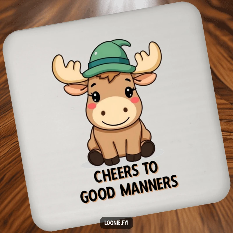 Funny Coaster: A happy moose wearing a hat politely tips it, protecting surfaces with charm.