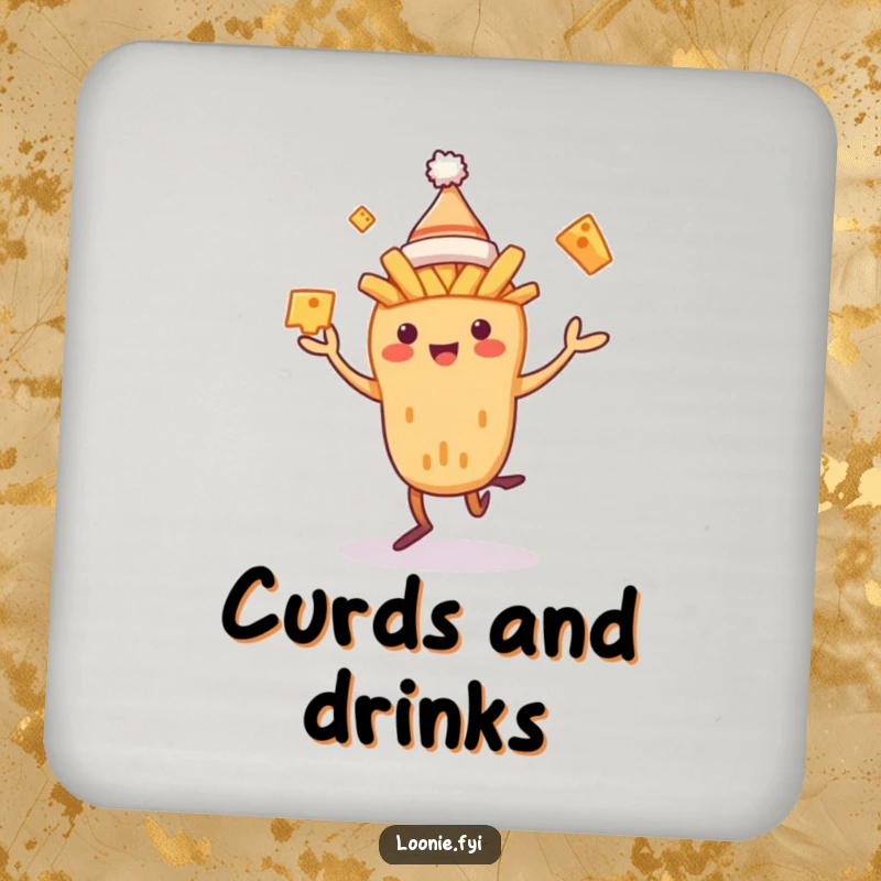 Funny Poutine Coaster displaying a dancing poutine creature juggling cheese curds, offering protection and humorous food art.