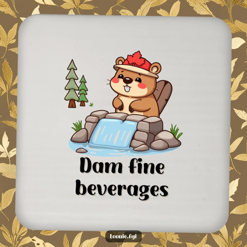 Funny Coaster: A happy beaver in a maple leaf hat builds a small dam, adding a cute touch to drink protection.