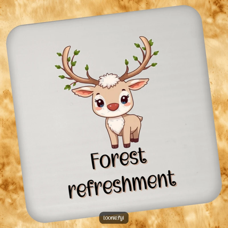 Funny drink coaster featuring a proud caribou with antlers adorned by tiny, delicate green leaves.
