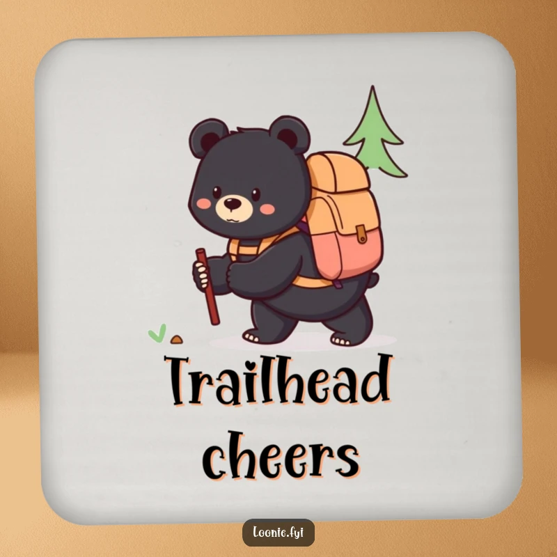 Funny drink coasters featuring a content black bear with a backpack, ready for exploration, perfect for adding a humorous touch to beverage service.