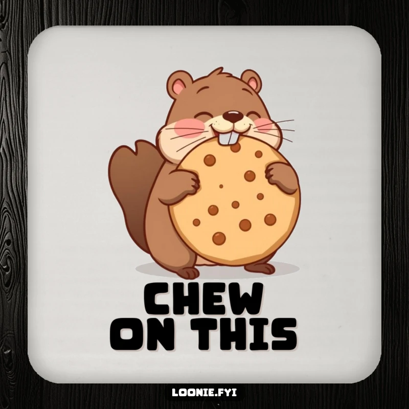 Funny drink coaster with a beaver comically trying to eat a giant maple cookie, a hilarious addition to any table.
