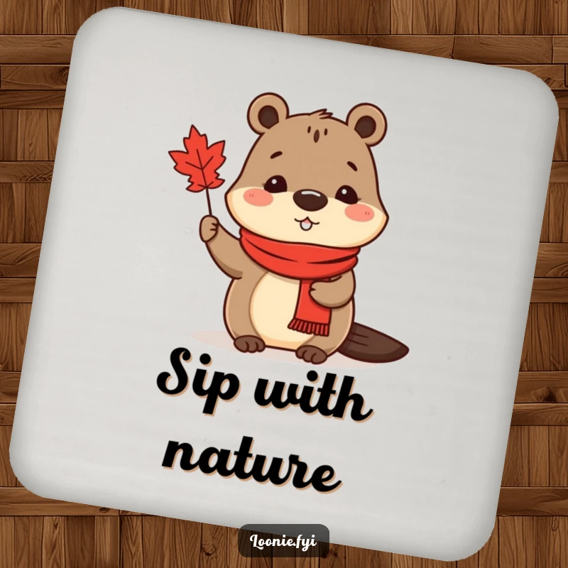 Funny Coaster: A cute beaver in a red scarf waves a maple leaf, protecting surfaces with charm.