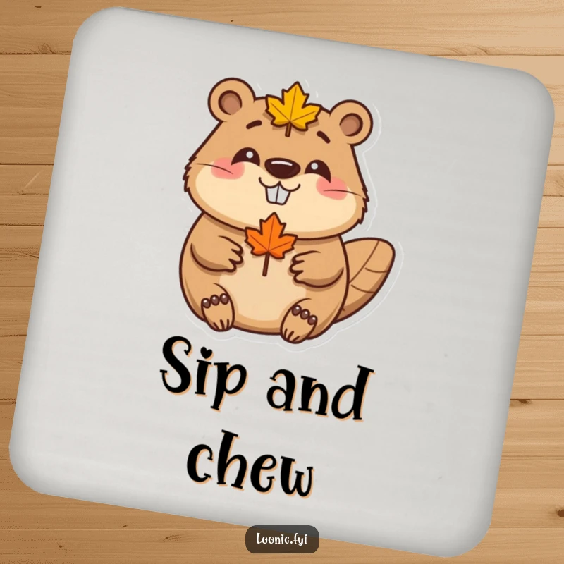 Funny Beaver Maple Leaf Coaster: A happy beaver wearing a maple leaf smiles, protecting surfaces with Canadian charm, a practical funny gift.