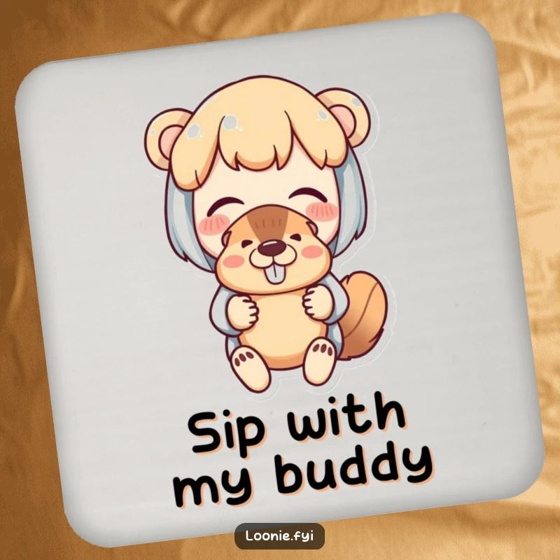Funny coaster set with a delighted character holding a beaver puppet with fond amusement, protecting surfaces.