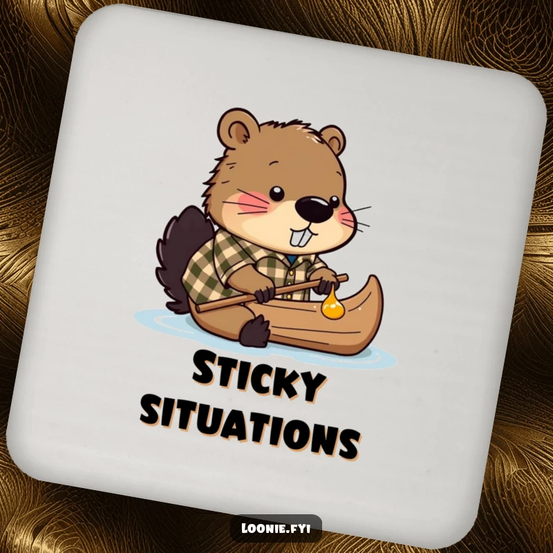 Funny drink coaster featuring a beaver in a plaid shirt, building a canoe out of maple syrup, protecting your furniture.